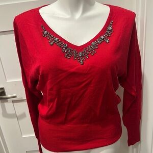 Worthington Red V-Neck Sweater with Embellishments